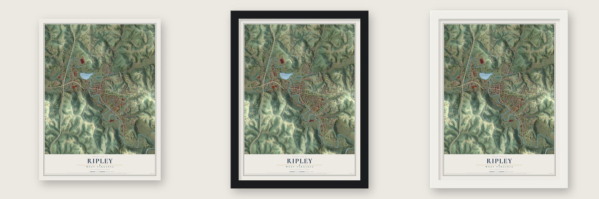 Ripley, West Virginia map unframed, in a black wood frame and in a white wood frame