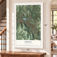 Ripley, West Virginia map, 24 x 36 inch print in a white frame by a staircase