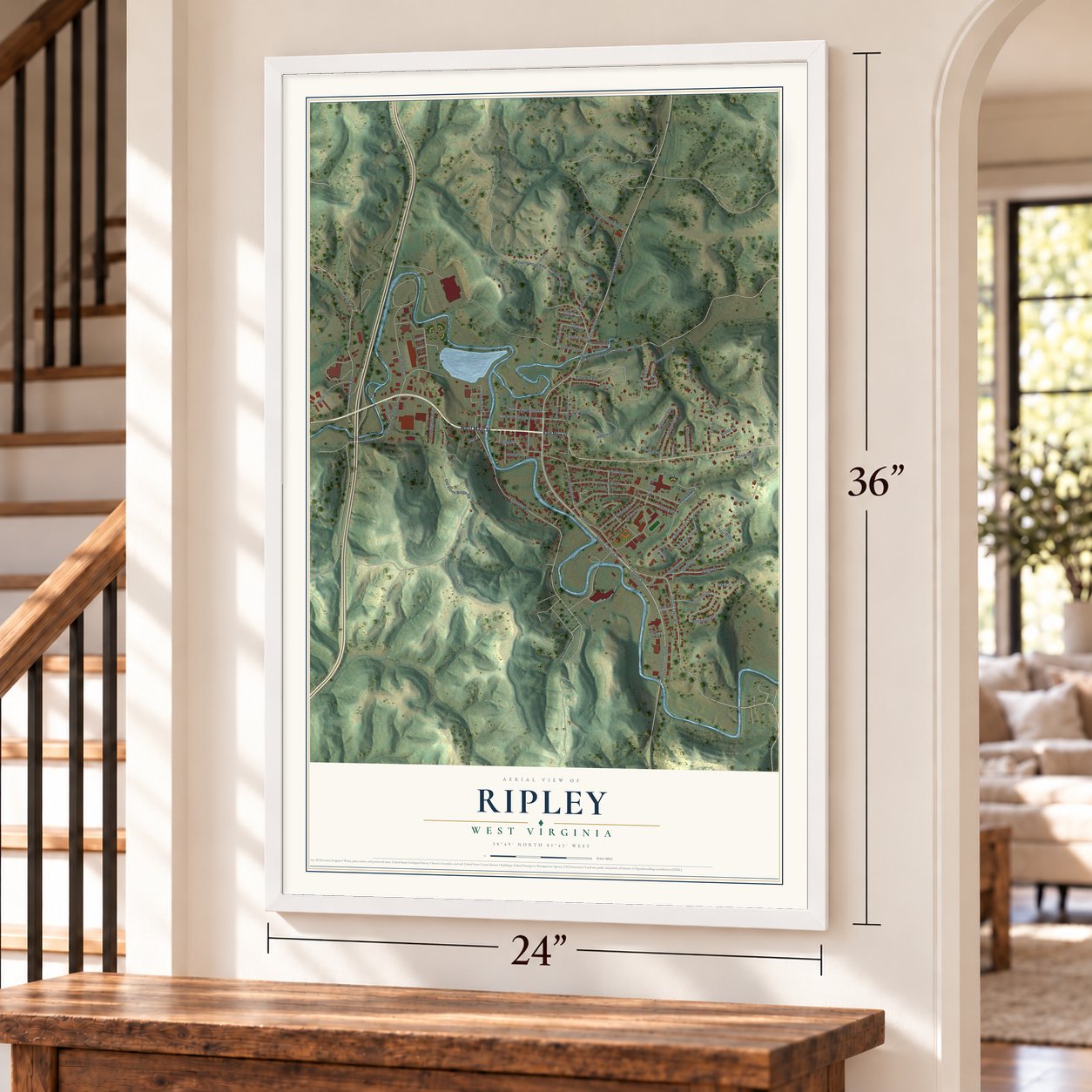 Ripley, West Virginia map, 24 x 36 inch print in a white frame by a staircase