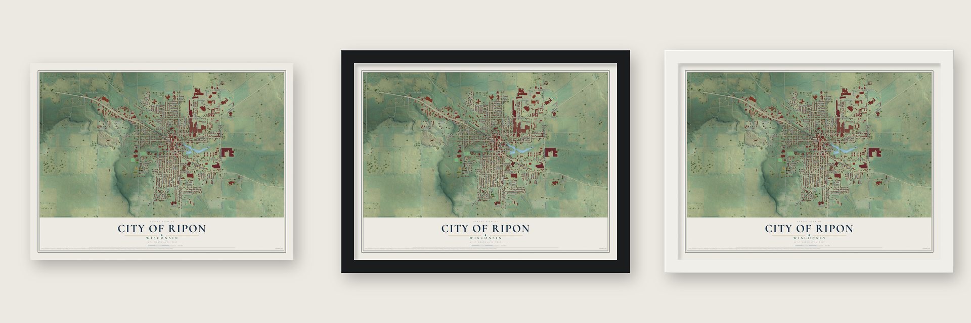 Ripon, Wisconsin map unframed, in a black wood frame and in a white wood frame