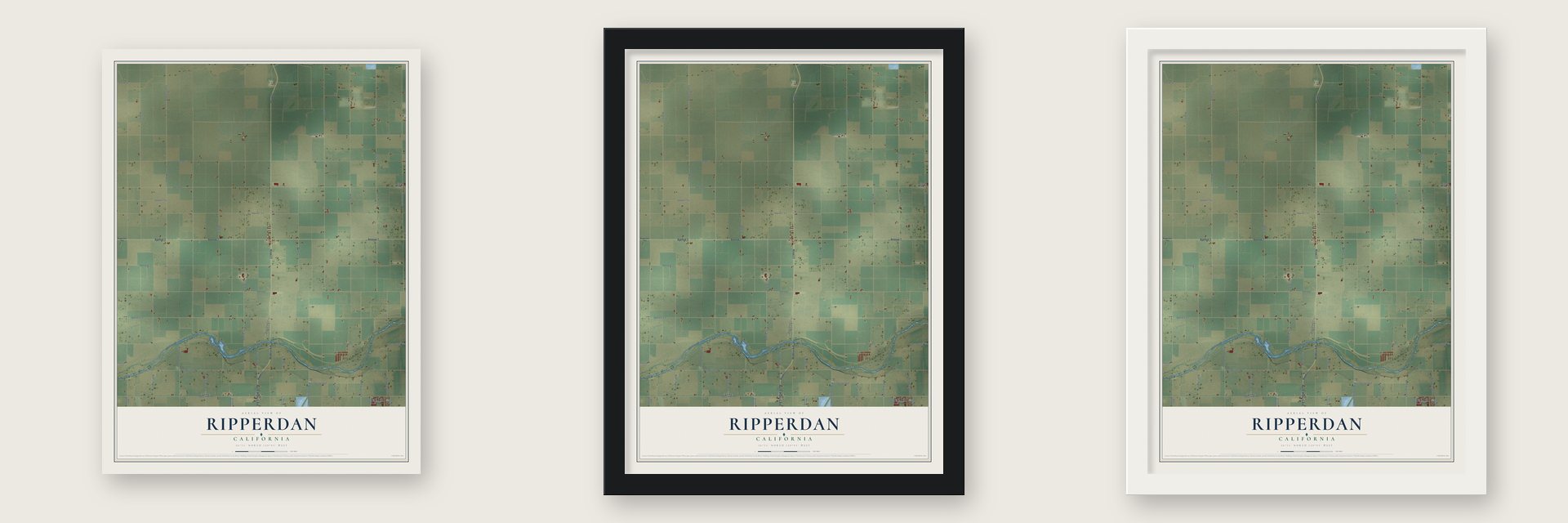 Ripperdan, California map unframed, in a black wood frame and in a white wood frame