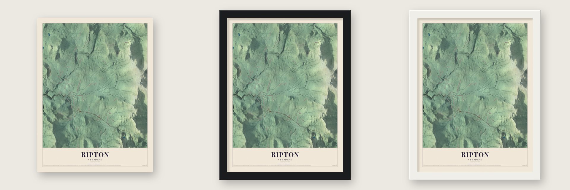 Ripton, Vermont map unframed, in a black wood frame and in a white wood frame