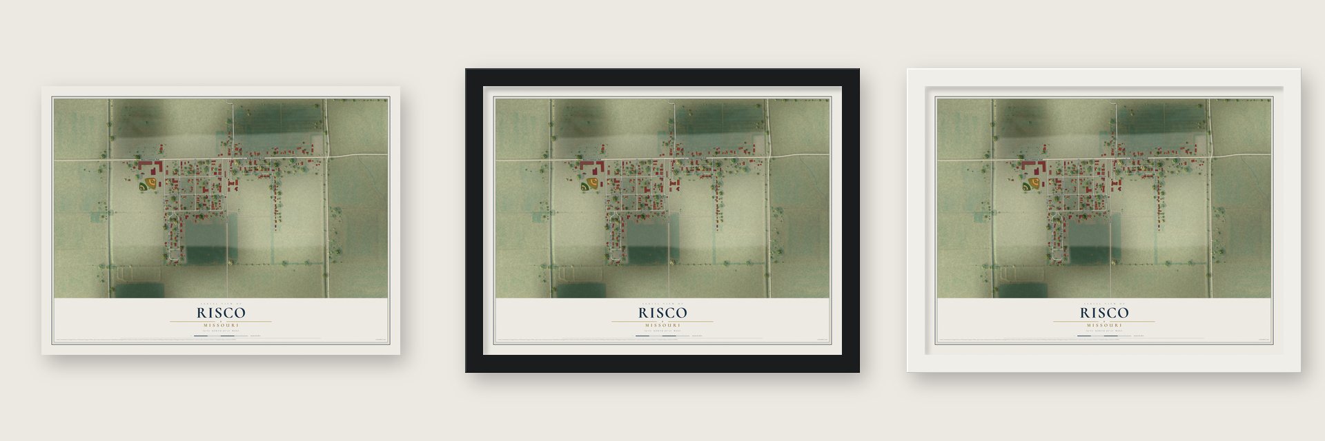 Risco, Missouri map unframed, in a black wood frame and in a white wood frame