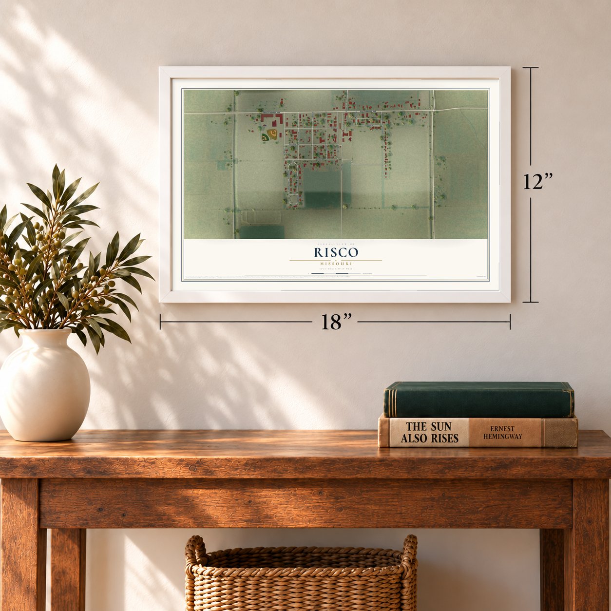Risco, Missouri map, 12 x 18 inch print in a white frame in an entryway