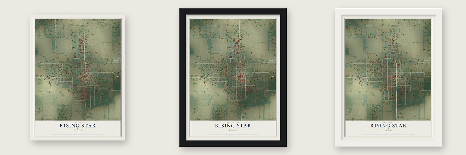 Rising Star, Texas map unframed, in a black wood frame and in a white wood frame