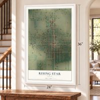 Rising Star, Texas map, 24 x 36 inch print in a white frame by a staircase