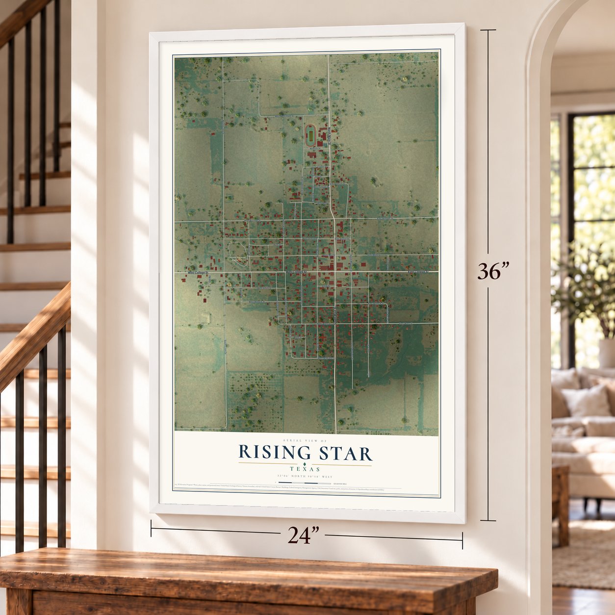 Rising Star, Texas map, 24 x 36 inch print in a white frame by a staircase