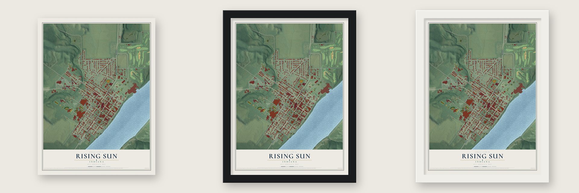 Rising Sun, Indiana map unframed, in a black wood frame and in a white wood frame