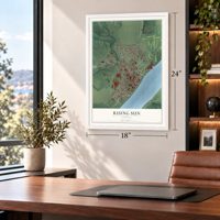 Rising Sun, Indiana map, 18 x 24 inch print in a white frame in a home office