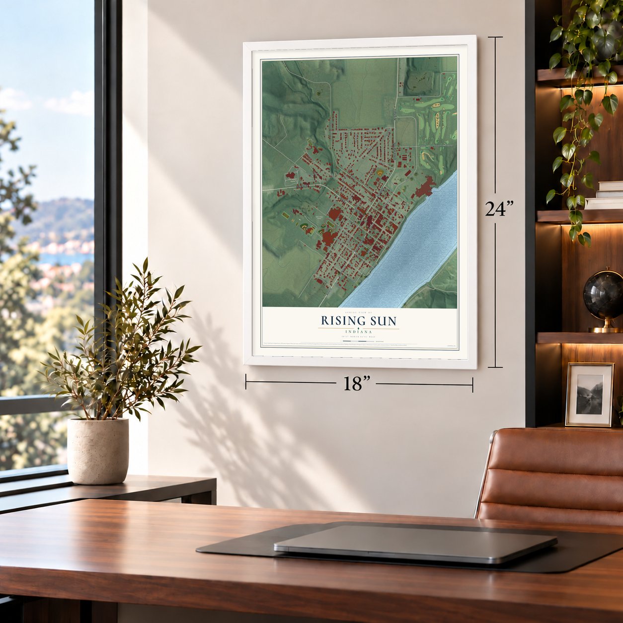 Rising Sun, Indiana map, 18 x 24 inch print in a white frame in a home office