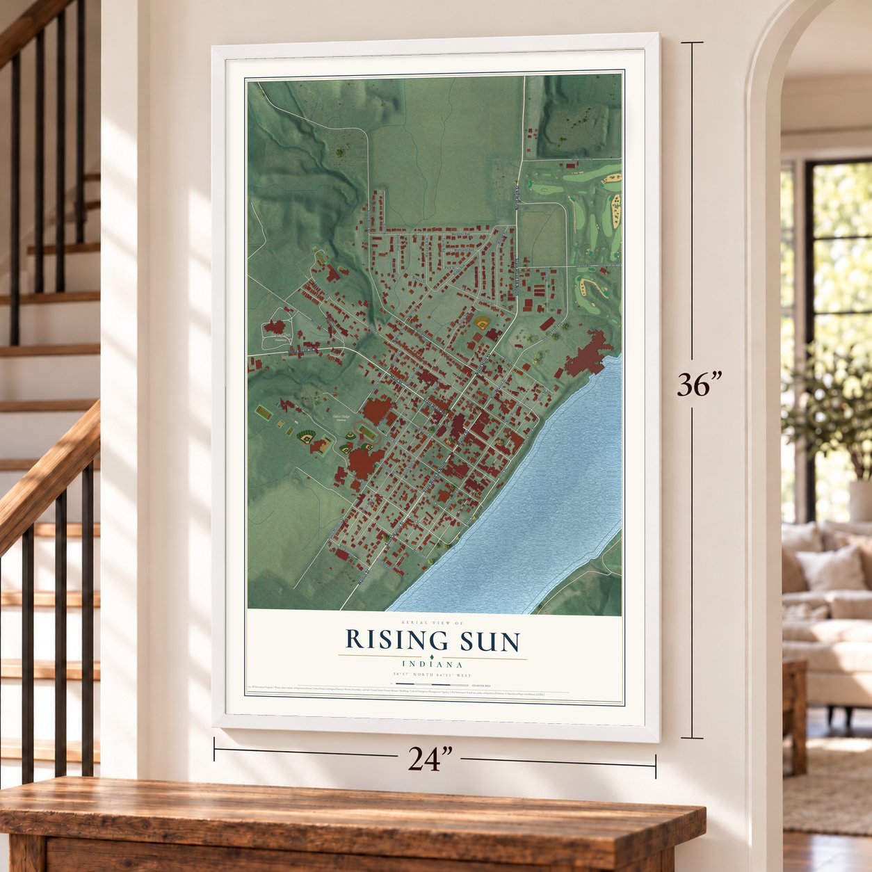 Rising Sun, Indiana map, 24 x 36 inch print in a white frame by a staircase