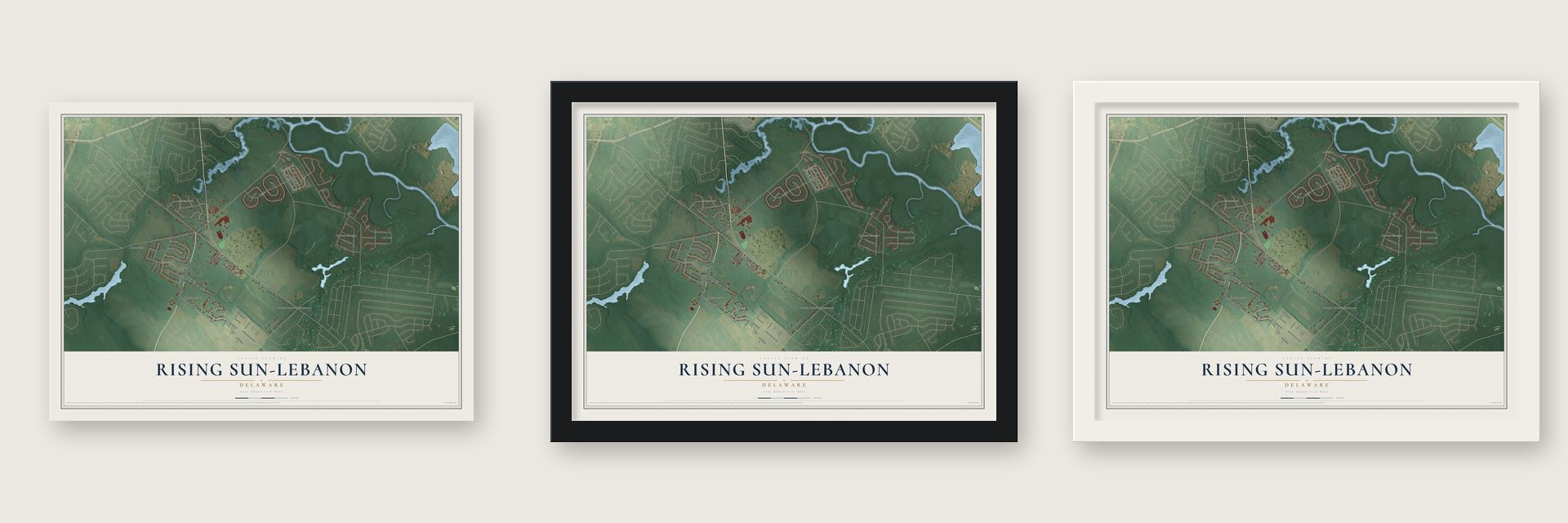 Rising Sun-Lebanon, Delaware map unframed, in a black wood frame and in a white wood frame