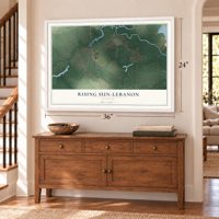 Rising Sun-Lebanon, Delaware map, 24 x 36 inch print in a white frame above a dresser by a staircase