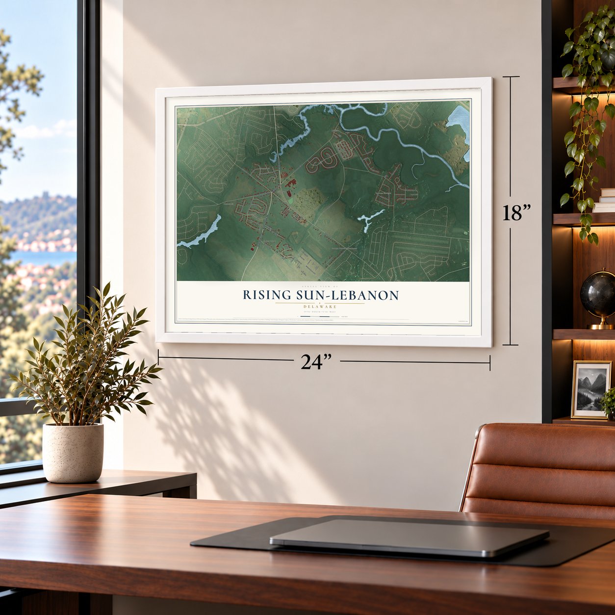 Rising Sun-Lebanon, Delaware map, 18 x 24 inch print in a white frame in a home office