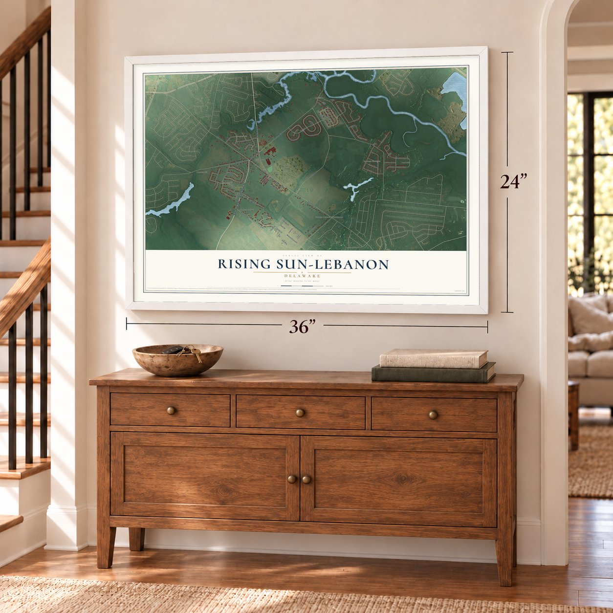 Rising Sun-Lebanon, Delaware map, 24 x 36 inch print in a white frame above a dresser by a staircase