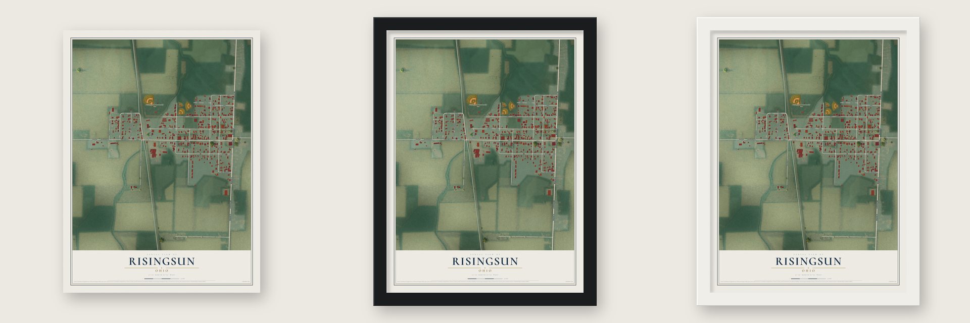 Risingsun, Ohio map unframed, in a black wood frame and in a white wood frame