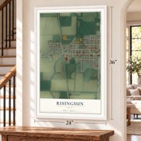 Risingsun, Ohio map, 24 x 36 inch print in a white frame by a staircase