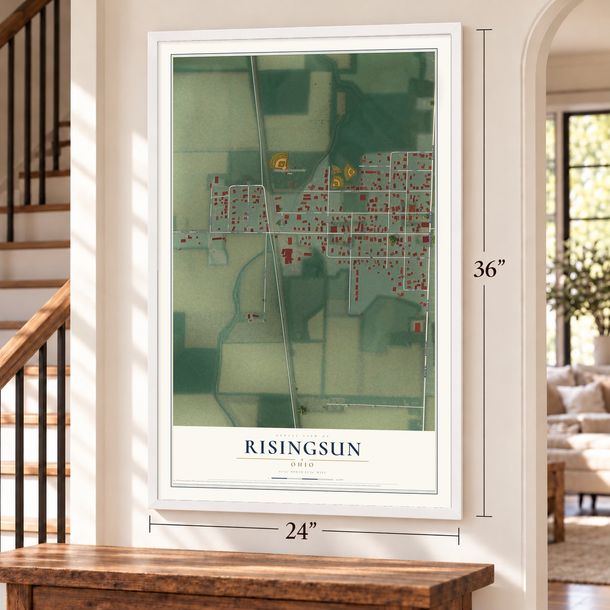 Risingsun, Ohio map, 24 x 36 inch print in a white frame by a staircase
