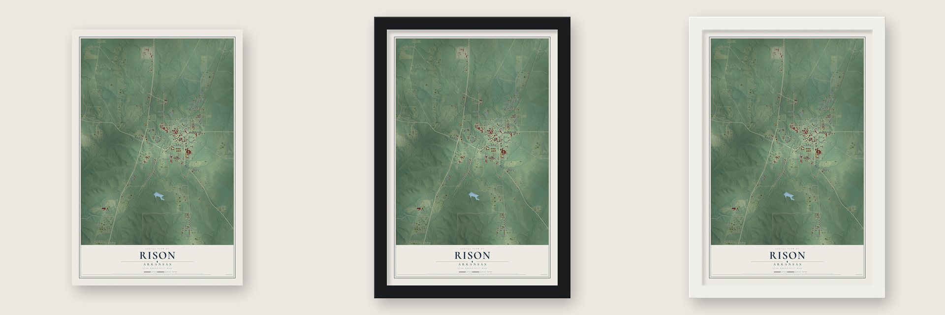 Rison, Arkansas map unframed, in a black wood frame and in a white wood frame