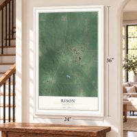 Rison, Arkansas map, 24 x 36 inch print in a white frame by a staircase