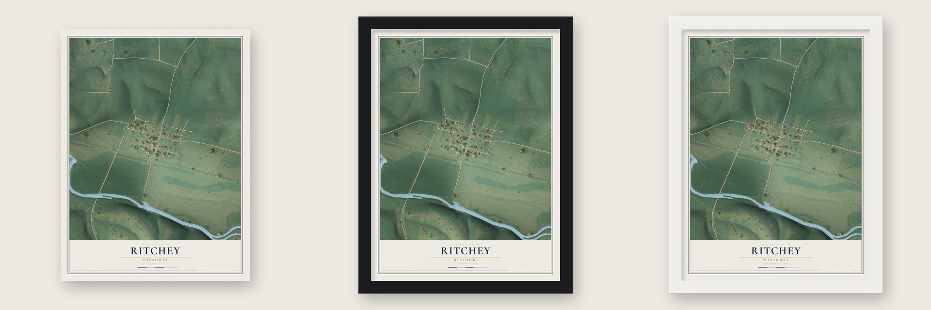 Ritchey, Missouri map unframed, in a black wood frame and in a white wood frame