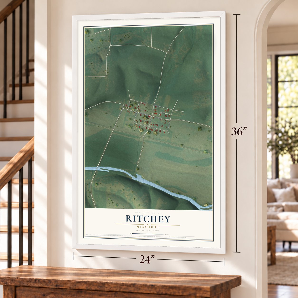 Ritchey, Missouri map, 24 x 36 inch print in a white frame by a staircase