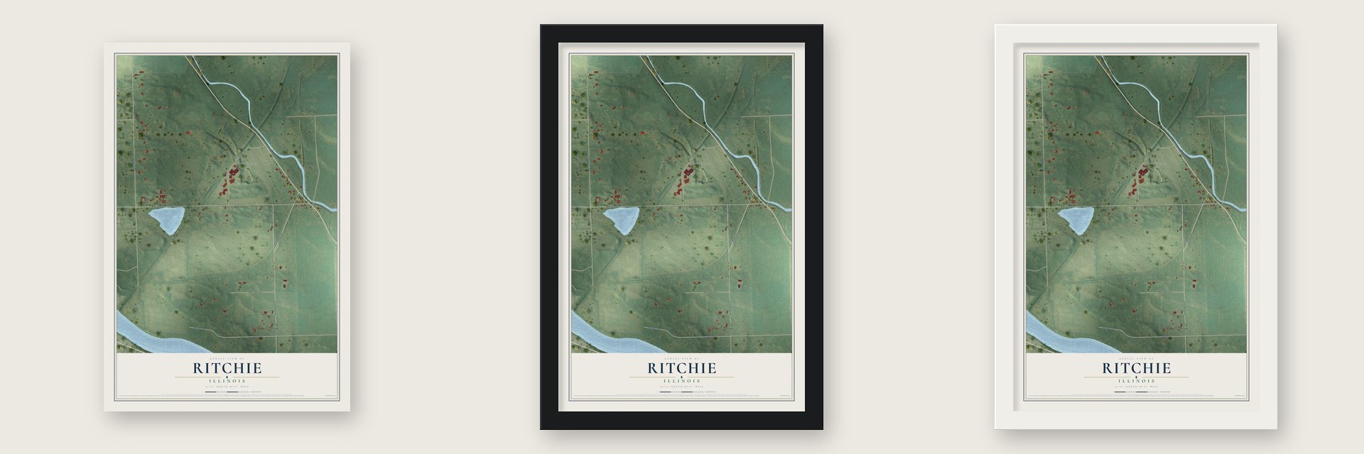 Ritchie, Illinois map unframed, in a black wood frame and in a white wood frame