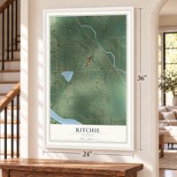 Ritchie, Illinois map, 24 x 36 inch print in a white frame by a staircase