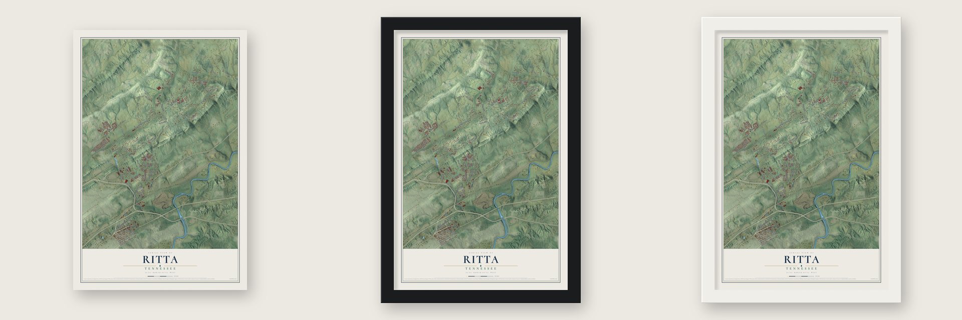 Ritta, Tennessee map unframed, in a black wood frame and in a white wood frame