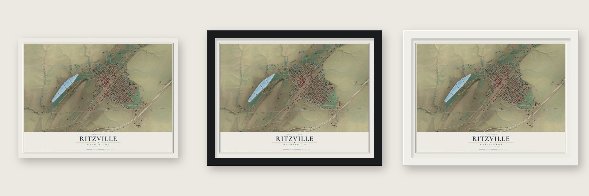 Ritzville, Washington map unframed, in a black wood frame and in a white wood frame
