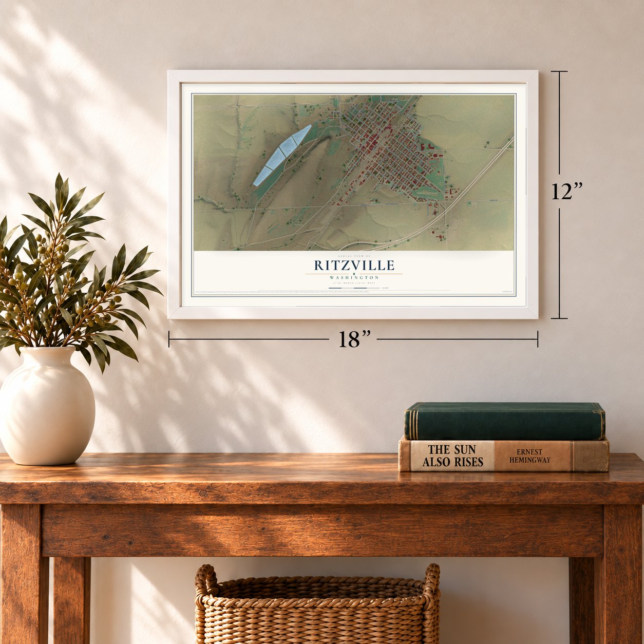 Ritzville, Washington map, 12 x 18 inch print in a white frame in an entryway