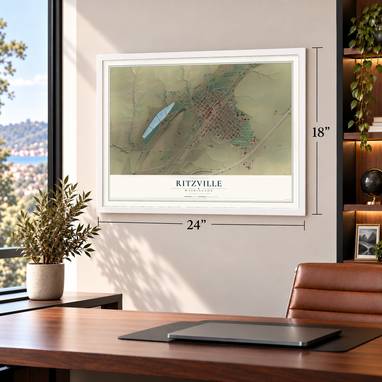 Ritzville, Washington map, 18 x 24 inch print in a white frame in a home office