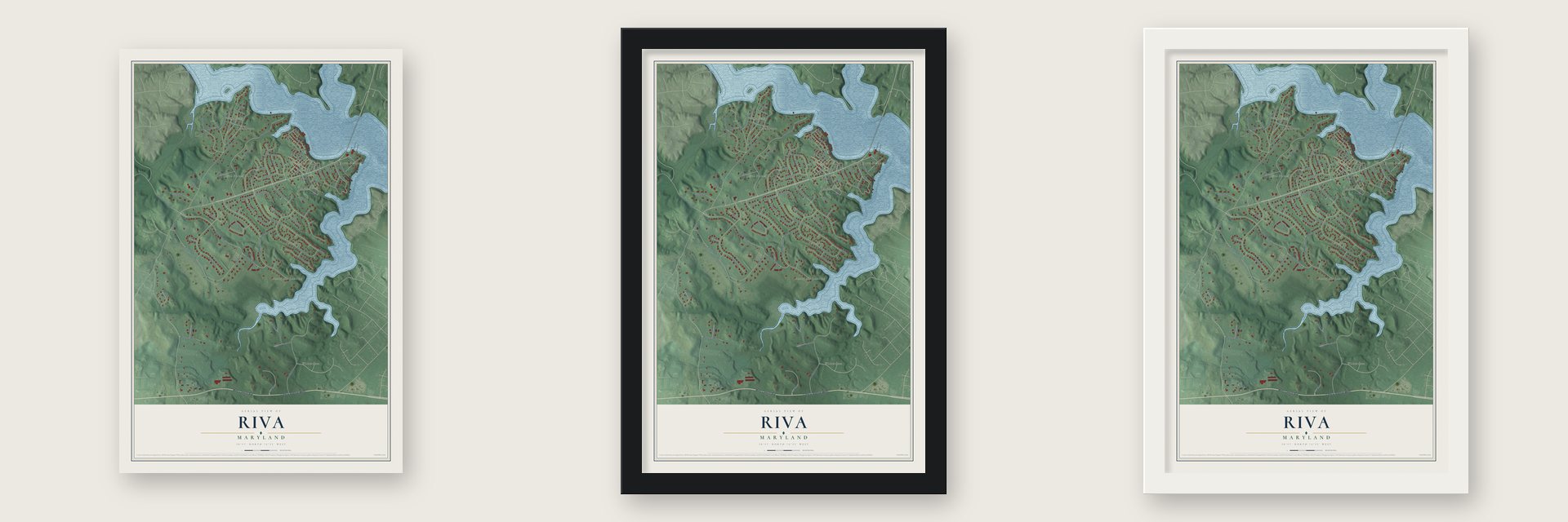 Riva, Maryland map unframed, in a black wood frame and in a white wood frame