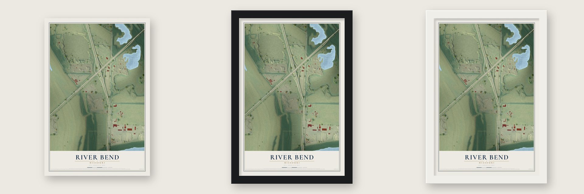 River Bend, Missouri map unframed, in a black wood frame and in a white wood frame