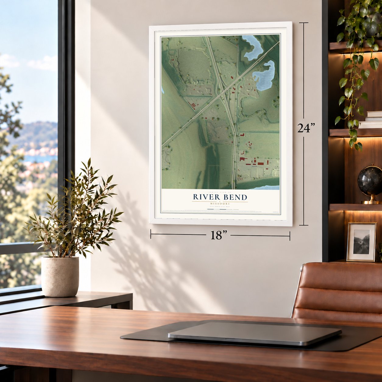 River Bend, Missouri map, 18 x 24 inch print in a white frame in a home office
