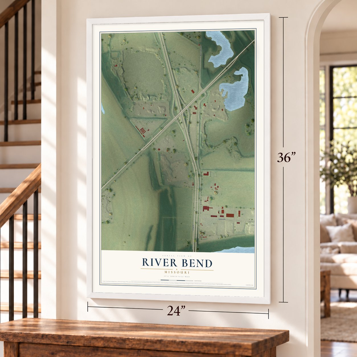 River Bend, Missouri map, 24 x 36 inch print in a white frame by a staircase