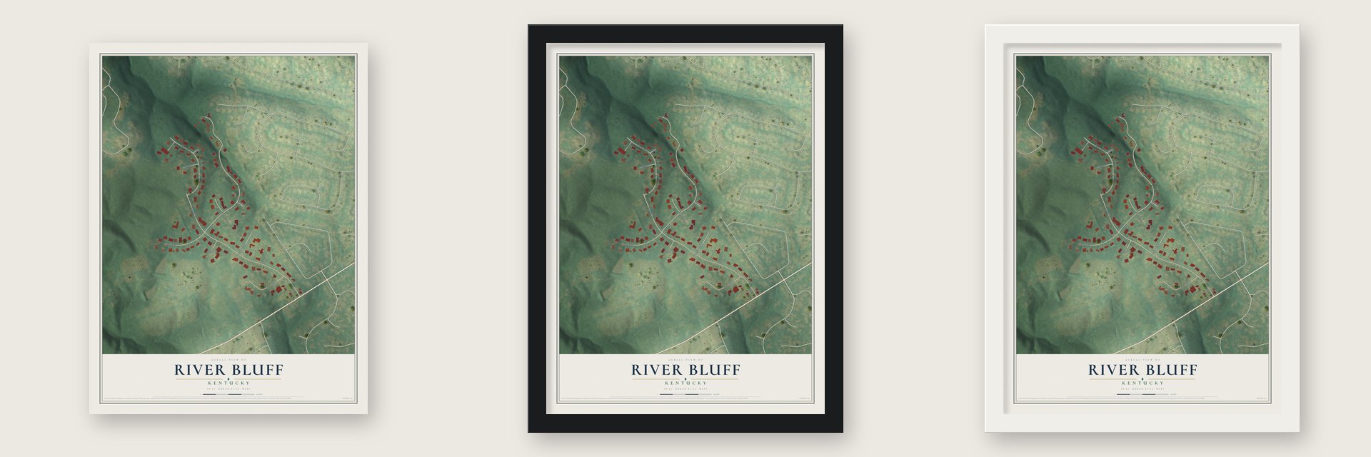 River Bluff, Kentucky map unframed, in a black wood frame and in a white wood frame