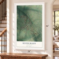 River Bluff, Kentucky map, 24 x 36 inch print in a white frame by a staircase