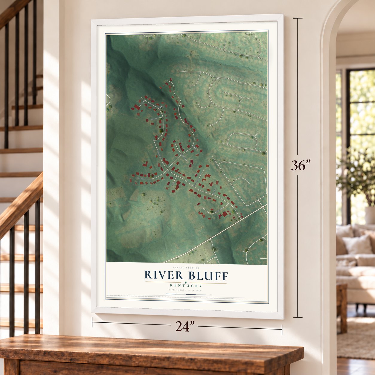 River Bluff, Kentucky map, 24 x 36 inch print in a white frame by a staircase