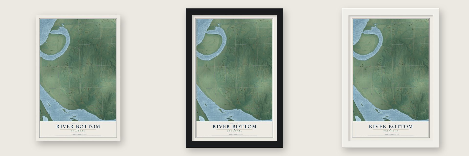 River Bottom, Oklahoma map unframed, in a black wood frame and in a white wood frame