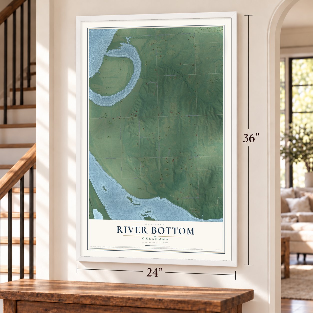 River Bottom, Oklahoma map, 24 x 36 inch print in a white frame by a staircase