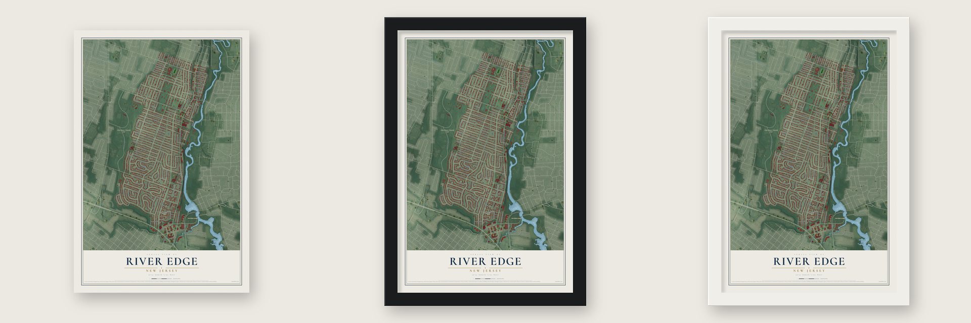 River Edge, New Jersey map unframed, in a black wood frame and in a white wood frame