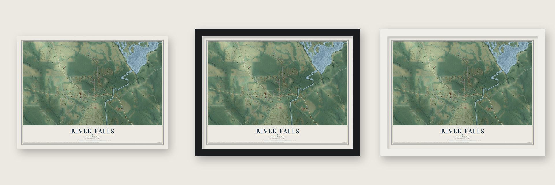 River Falls, Alabama map unframed, in a black wood frame and in a white wood frame