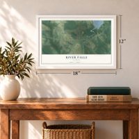River Falls, Alabama map, 12 x 18 inch print in a white frame in an entryway