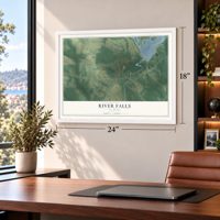 River Falls, Alabama map, 18 x 24 inch print in a white frame in a home office