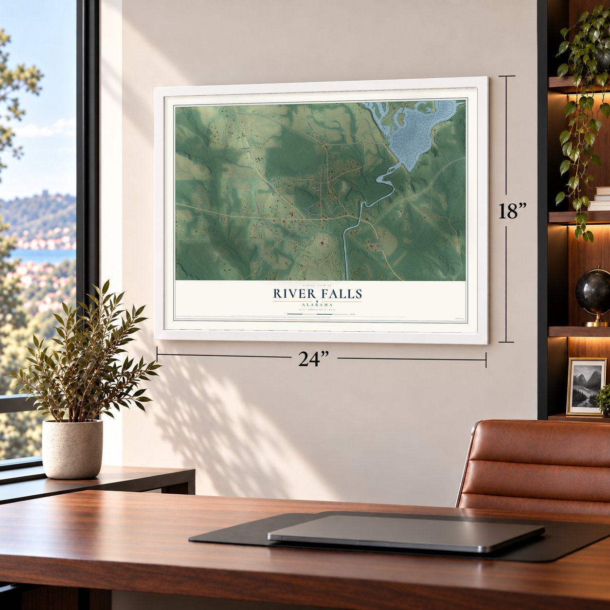 River Falls, Alabama map, 18 x 24 inch print in a white frame in a home office