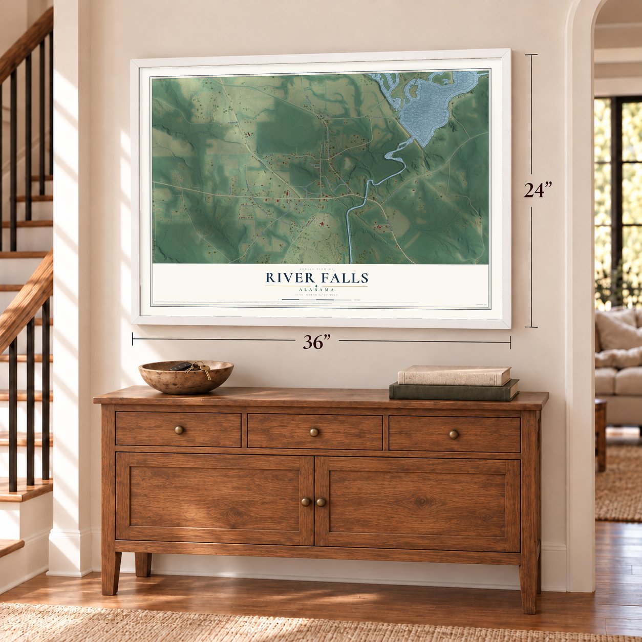 River Falls, Alabama map, 24 x 36 inch print in a white frame above a dresser by a staircase