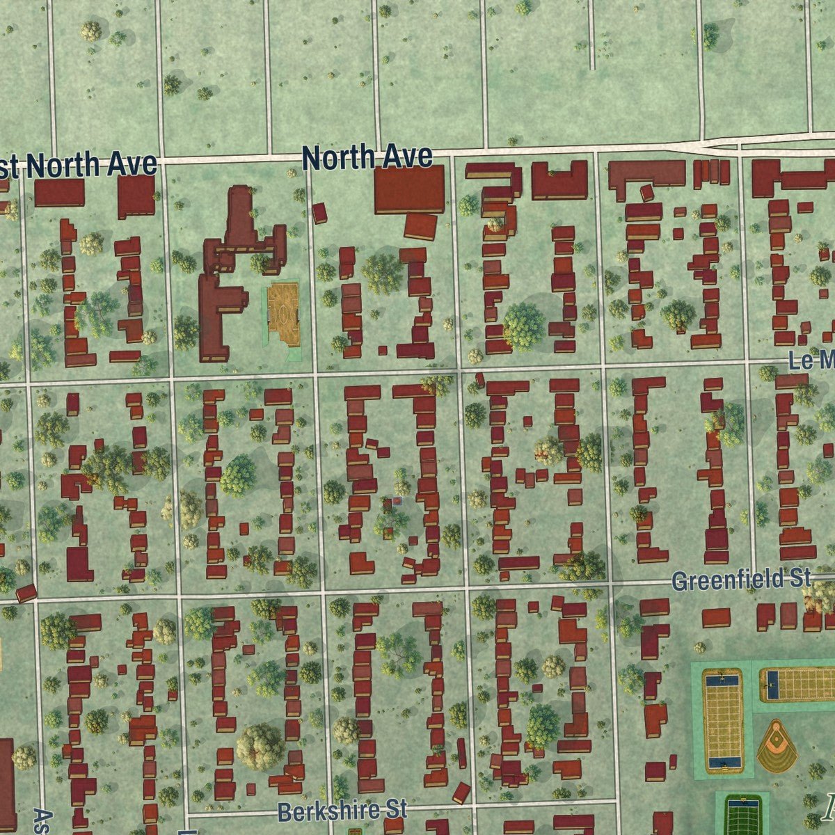 Second close-up of the map of River Forest, Illinois print showing more streets and buildings
