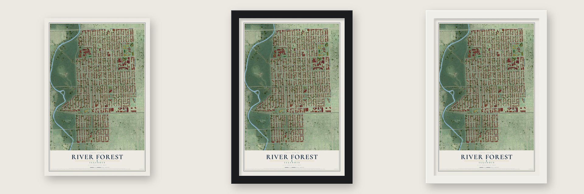 River Forest, Illinois map unframed, in a black wood frame and in a white wood frame