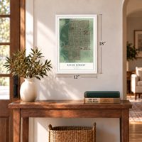 River Forest, Illinois map, 12 x 18 inch print in a white frame in an entryway